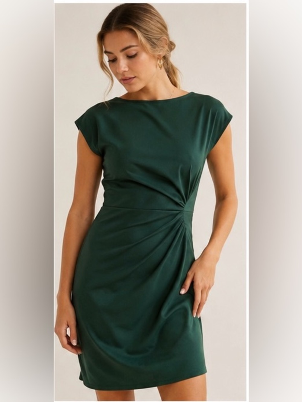 Boden Forest Green Ruched Knot 100% Cotton Jersey Dress